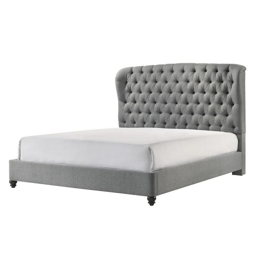 Kevin King Size Bed Button Tufted Gray Fabric Upholstery Low Profile By Casagear Home BM307248