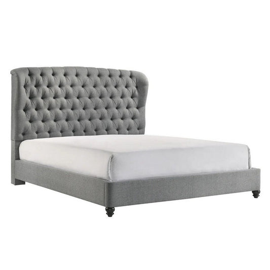 Kevin King Size Bed, Button Tufted, Gray Fabric Upholstery, Low Profile By Casagear Home