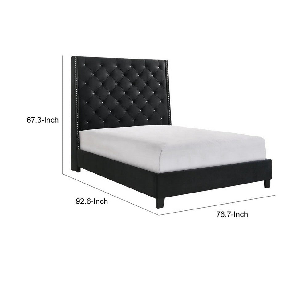 Maze King Size Bed Button Tufted Nailhead Trim Black Fabric Upholstery By Casagear Home BM307255