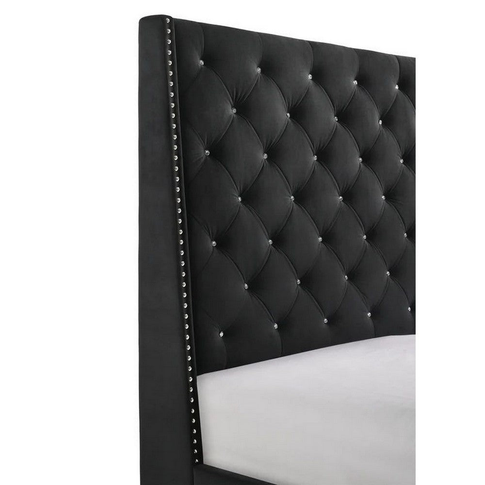 Maze Queen Size Bed Button Tufted Nailhead Trim Black Fabric Upholstery By Casagear Home BM307256