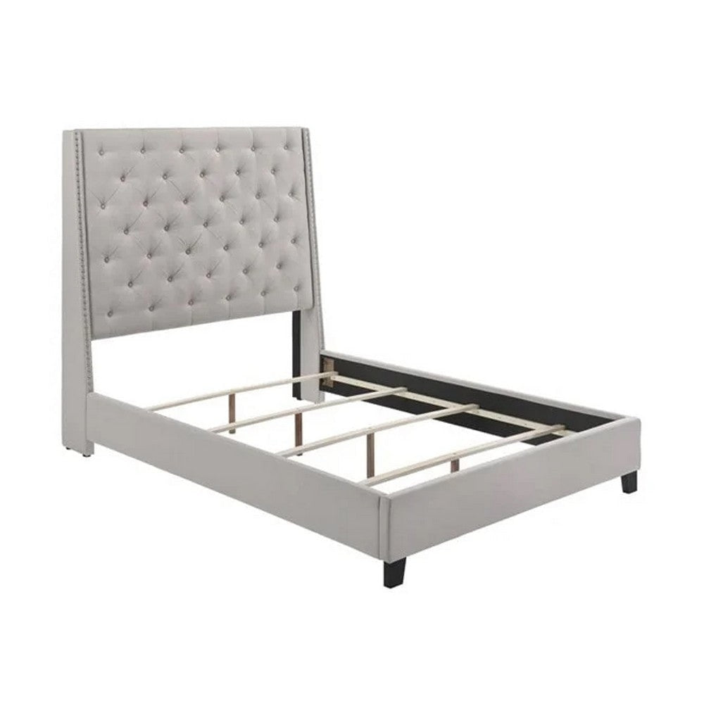 Maze King Size Bed Button Tufted Nailhead Beige Faux Leather Upholstery By Casagear Home BM307257