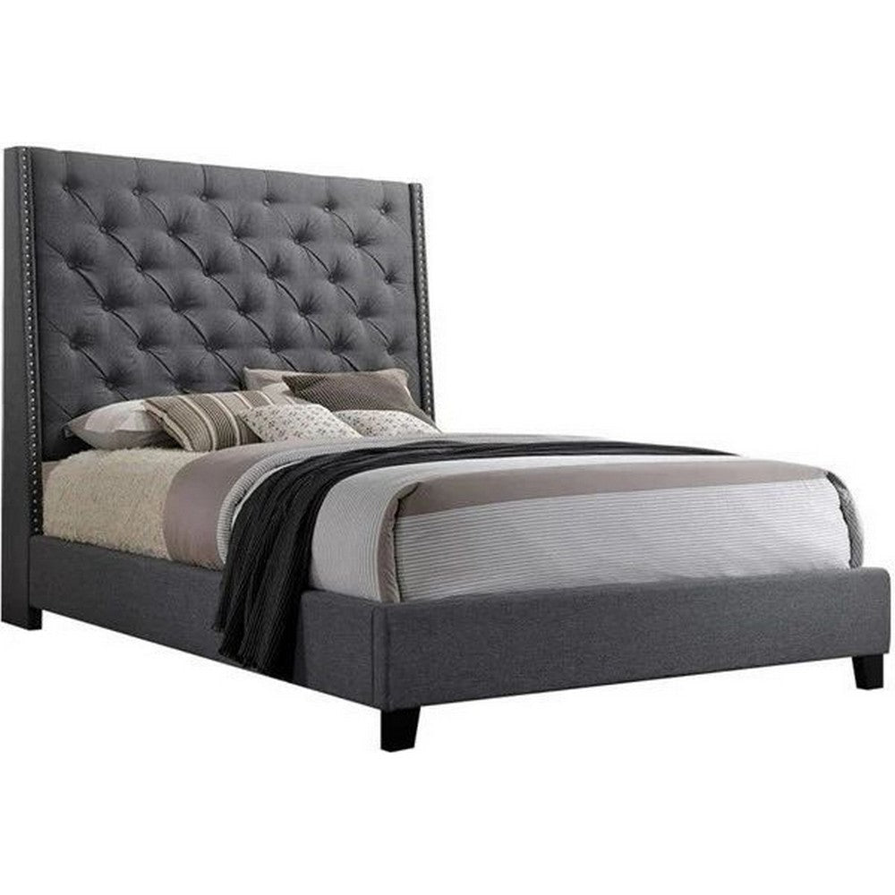 Maze King Size Bed, Button Tufted, Nailhead Trim, Gray Fabric Upholstery By Casagear Home