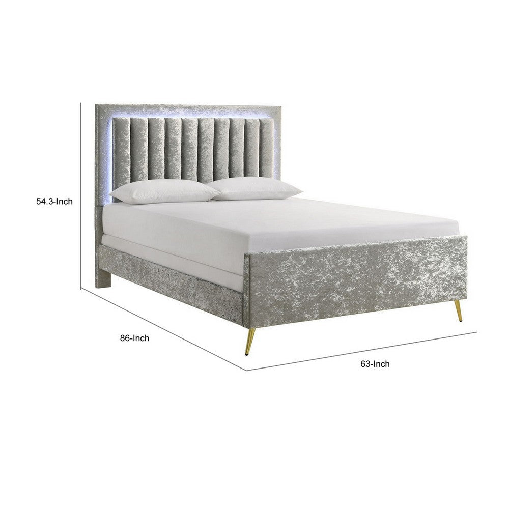 Gaze Queen Size Bed Channel Tufted LED Silver Legs Gray Upholstery By Casagear Home BM307262