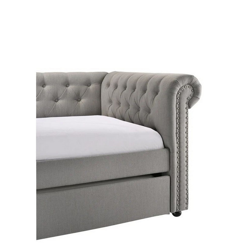 Ellen Trundle Daybed Gray Fabric Upholstery Rolled Arms Nailhead Trim By Casagear Home BM307266