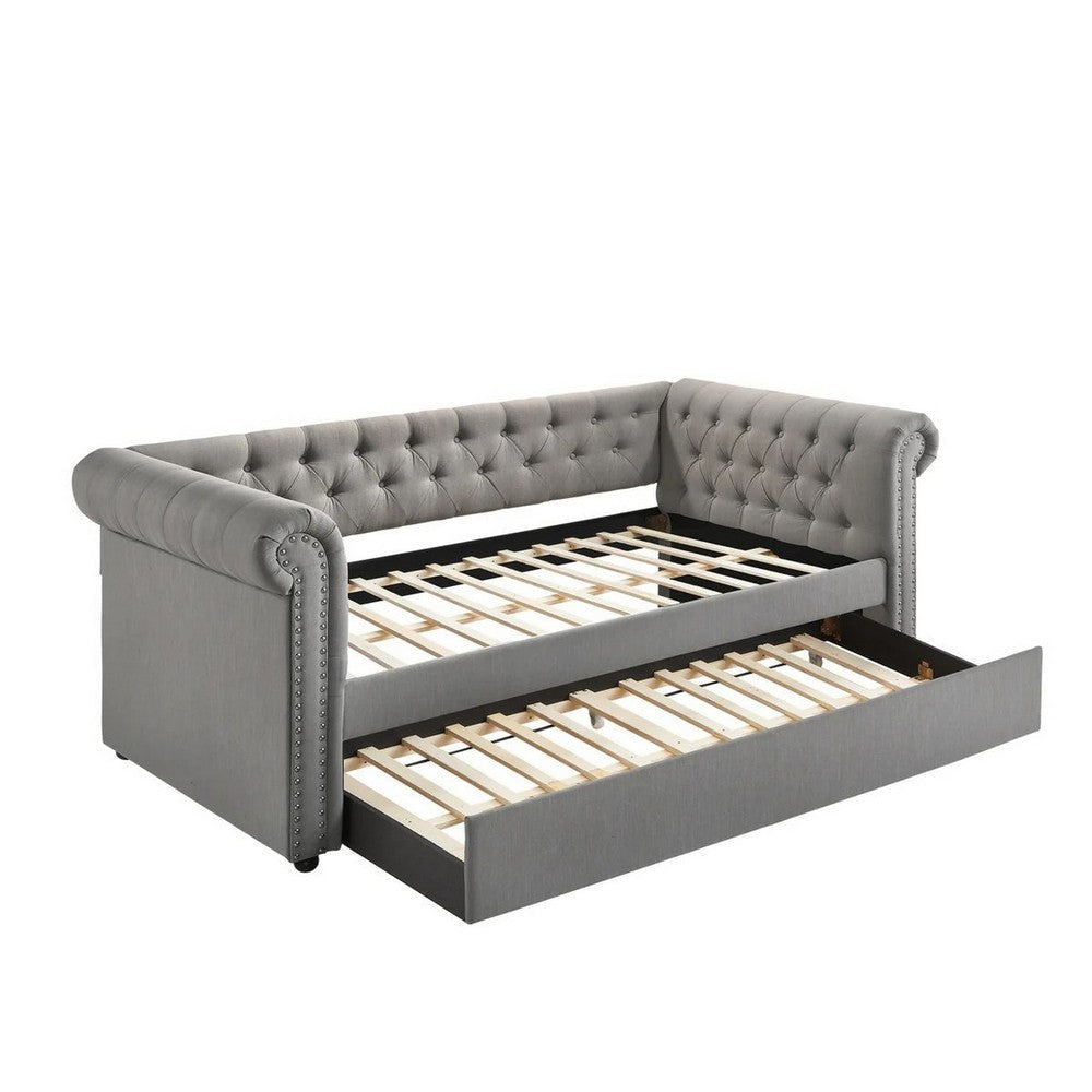 Ellen Trundle Daybed, Gray Fabric Upholstery, Rolled Arms, Nailhead Trim By Casagear Home