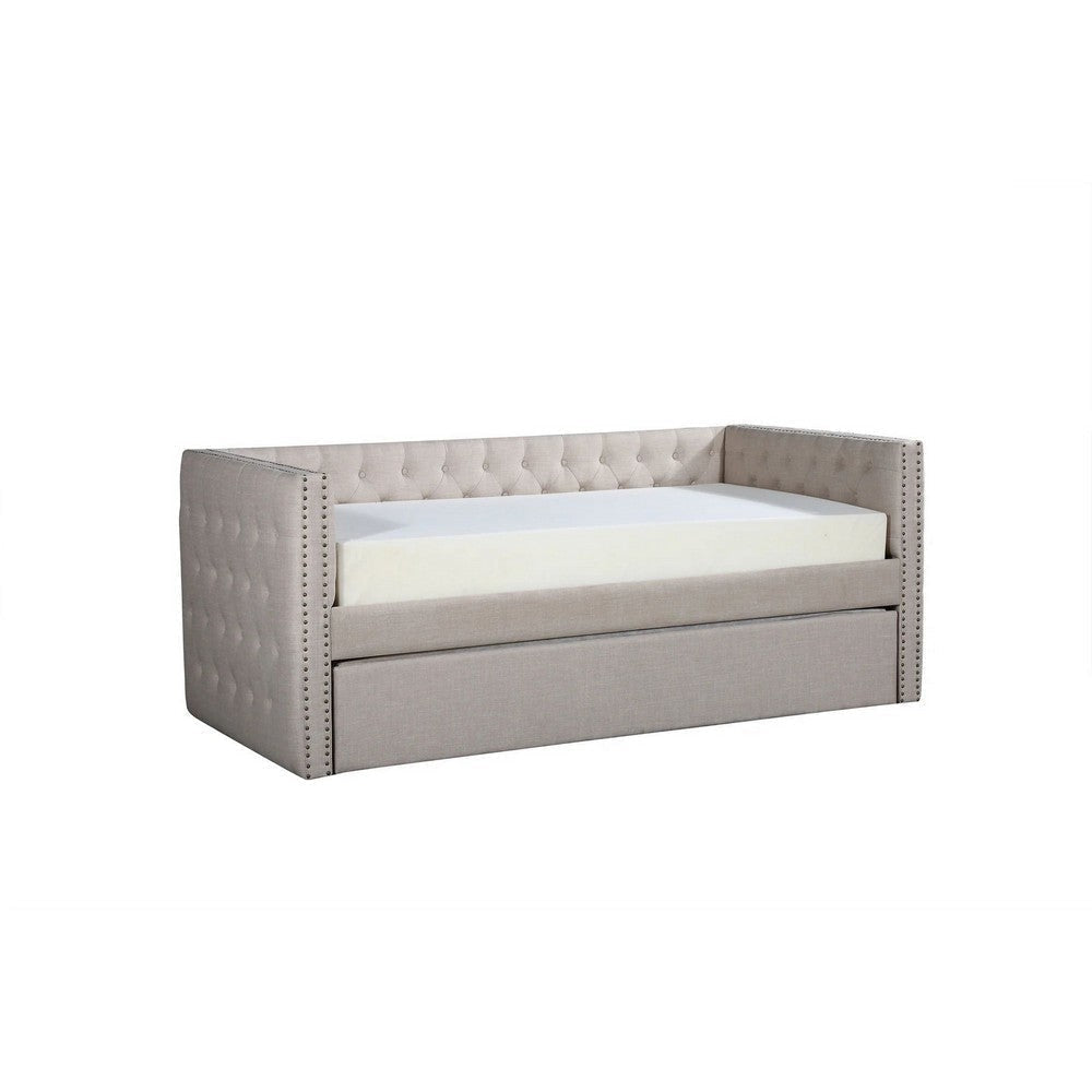 Trace Trundle Daybed, White Fabric Upholstery, Chesterfield, Nailhead Trim By Casagear Home