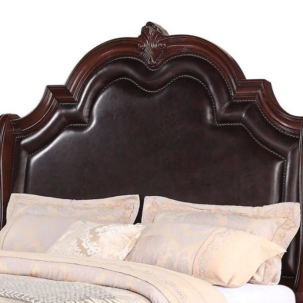 Chef King Size Bed Carved Faux Leather Upholstery Dark Brown Wood By Casagear Home BM307270