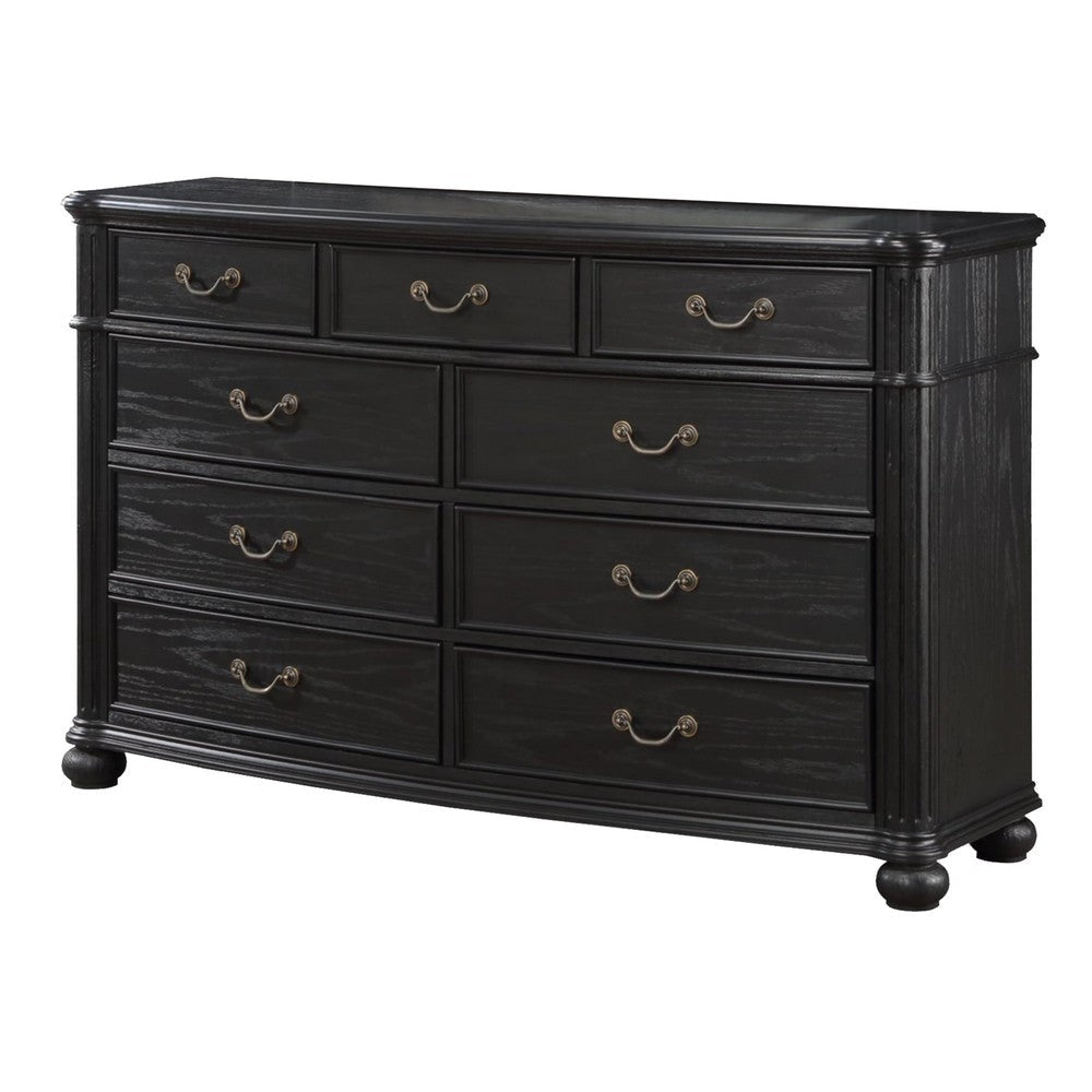 Berry 62 Inch Wide Dresser with Mirror, 9 Drawers, Floated Top, Black Wood By Casagear Home