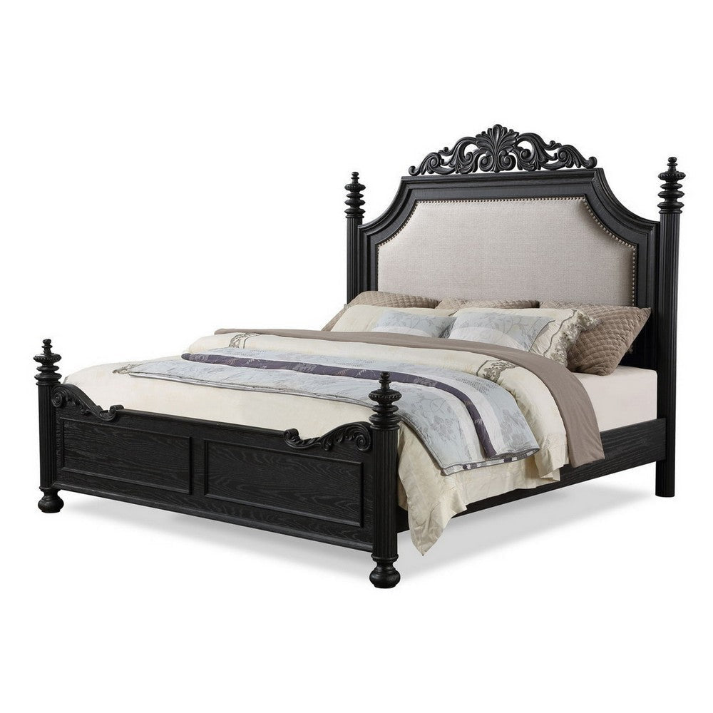 Berry King Size Bed Scrolled Headboard Cream Upholstery Black Wood By Casagear Home BM307273