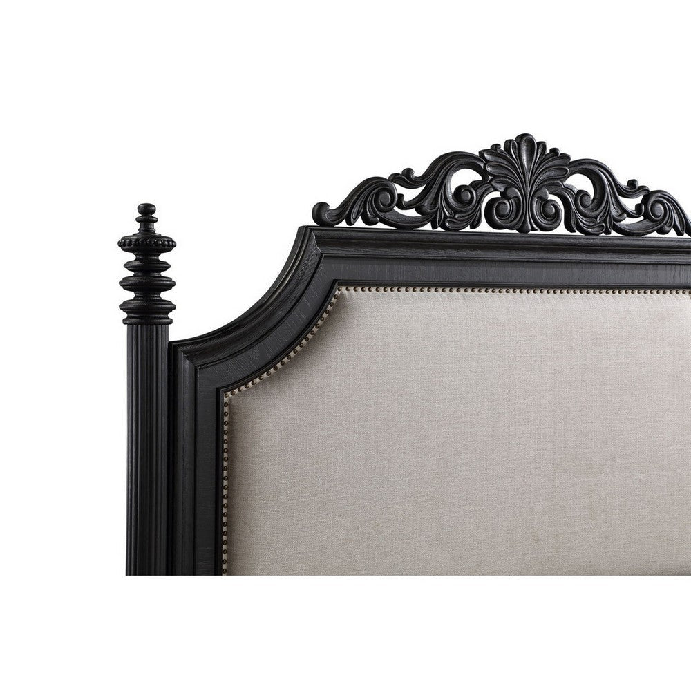 Berry King Size Bed Scrolled Headboard Cream Upholstery Black Wood By Casagear Home BM307273