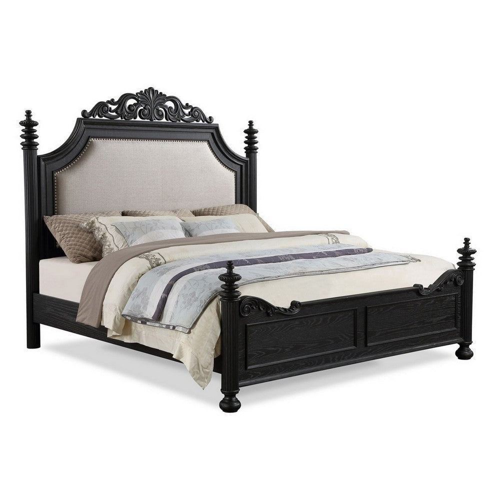 Berry King Size Bed, Scrolled Headboard, Cream Upholstery, Black Wood By Casagear Home