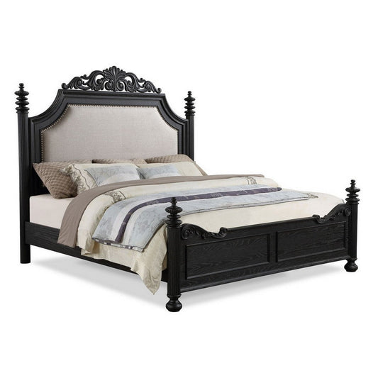 Berry Queen Size Bed, Scrolled Headboard, Cream Upholstery, Black Wood By Casagear Home