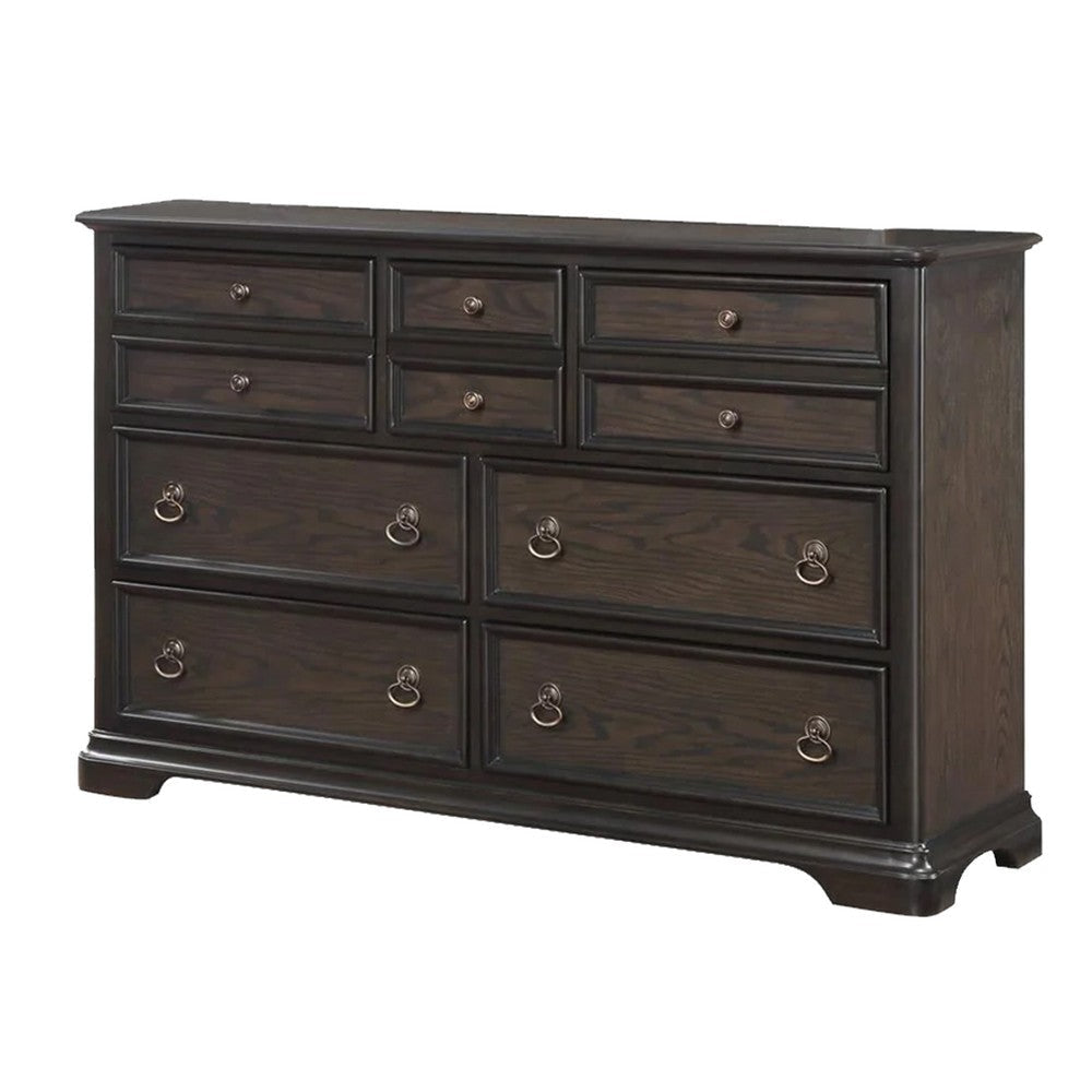 Dam 66 Inch Wide Dresser with Arched Mirror, 10 Drawers, Dark Brown Wood By Casagear Home