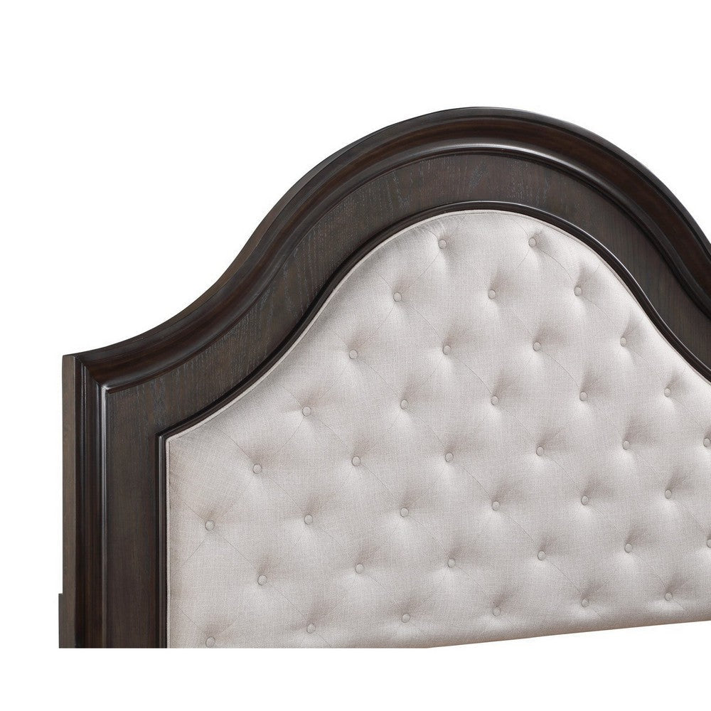 Dam King Size Bed Curved Headboard Cream Fabric Upholstery Brown Wood By Casagear Home BM307276