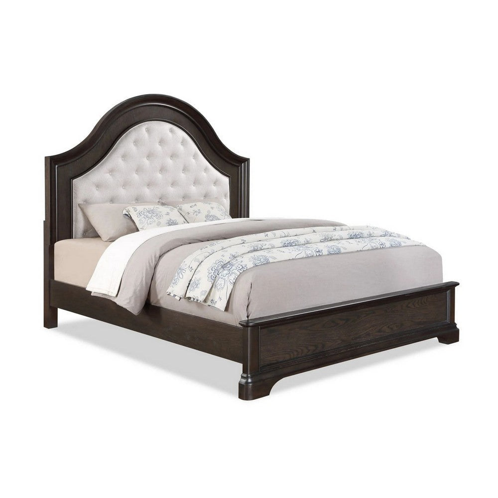 Dam Queen Size Bed, Curved Headboard, Cream Fabric Upholstery, Brown Wood By Casagear Home