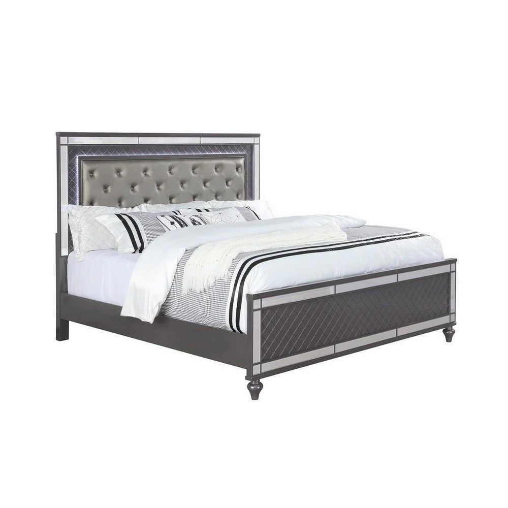 Reff Queen Size Bed, Button Tufted Gray Fabric Upholstery, Modern Wood By Casagear Home