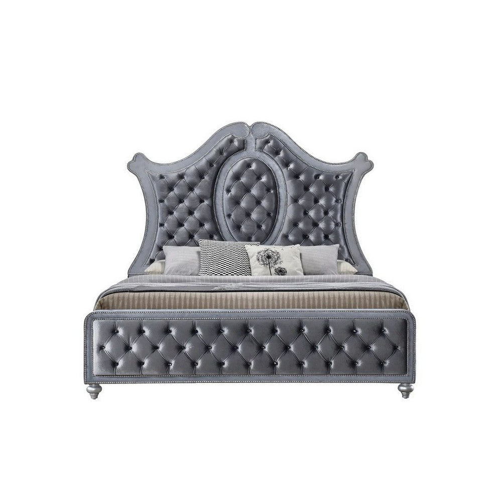 Rall King Size Bed Curved Wood Headboard Tufted Gray Fabric Upholstery By Casagear Home BM307287