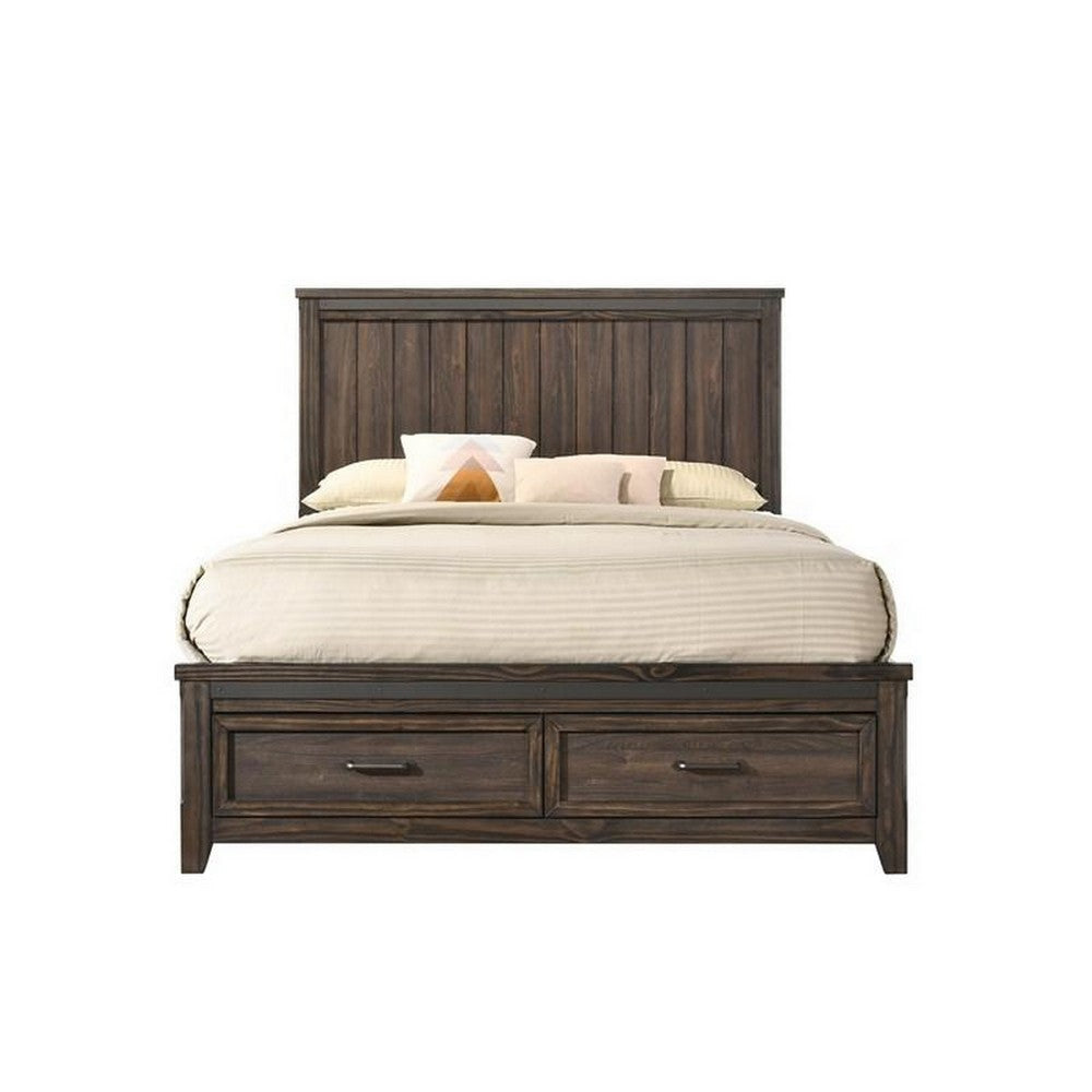 Sea Queen Size Bed Rustic Modern Design Panel Headboard Brown Wood By Casagear Home BM307290