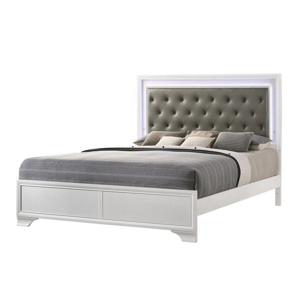 Lise King Size Bed Gray Fabric Upholstery LED Lit Modern White Wood By Casagear Home BM307296