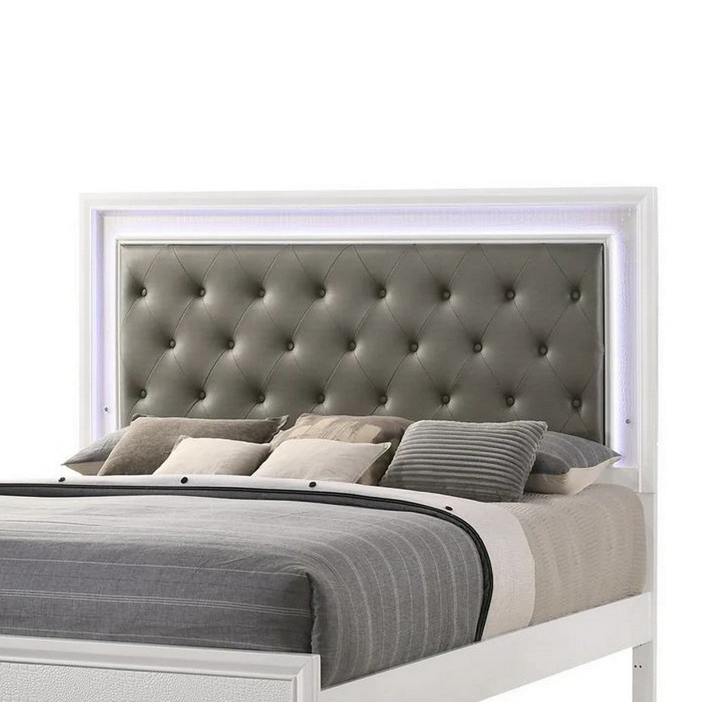 Lise King Size Bed Gray Fabric Upholstery LED Lit Modern White Wood By Casagear Home BM307296