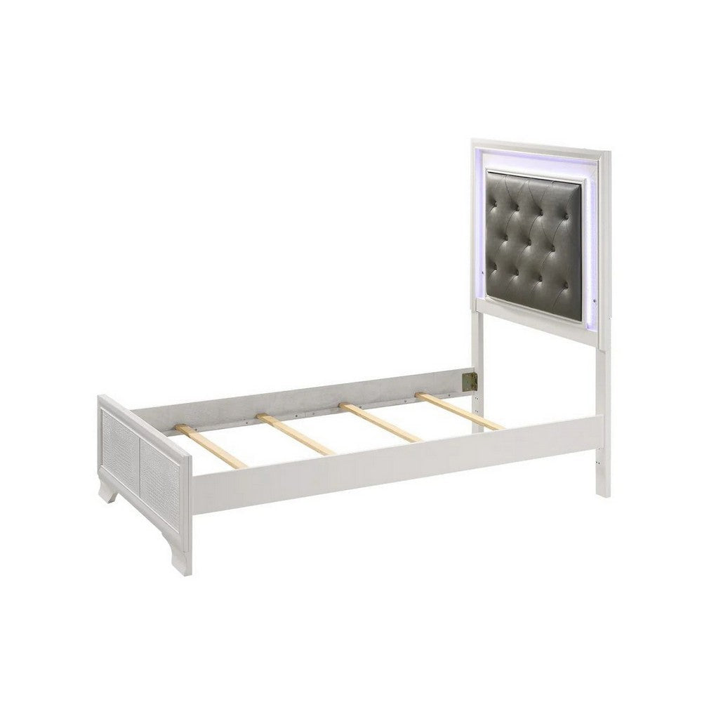 Lise Twin Size Bed Gray Fabric Upholstery LED Lit Modern White Wood By Casagear Home BM307298