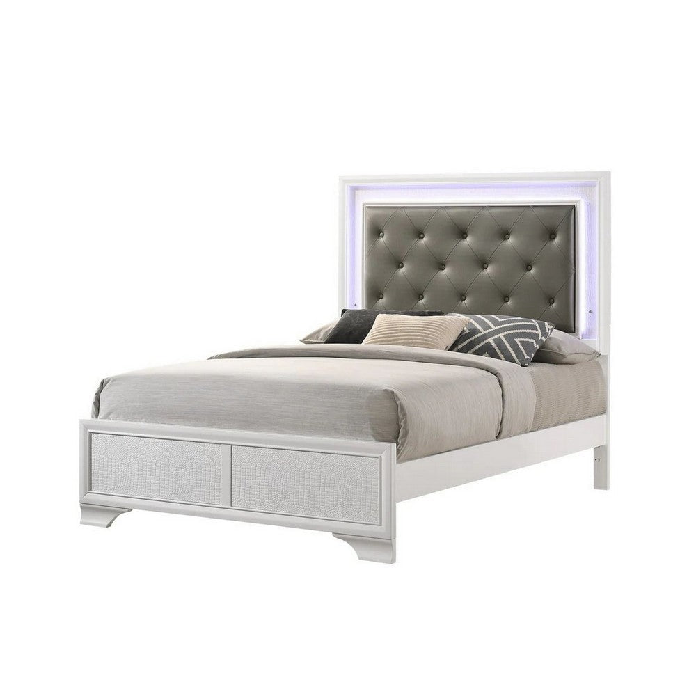 Lise Full Size Bed Gray Fabric Upholstery LED Lit Modern White Wood By Casagear Home BM307299