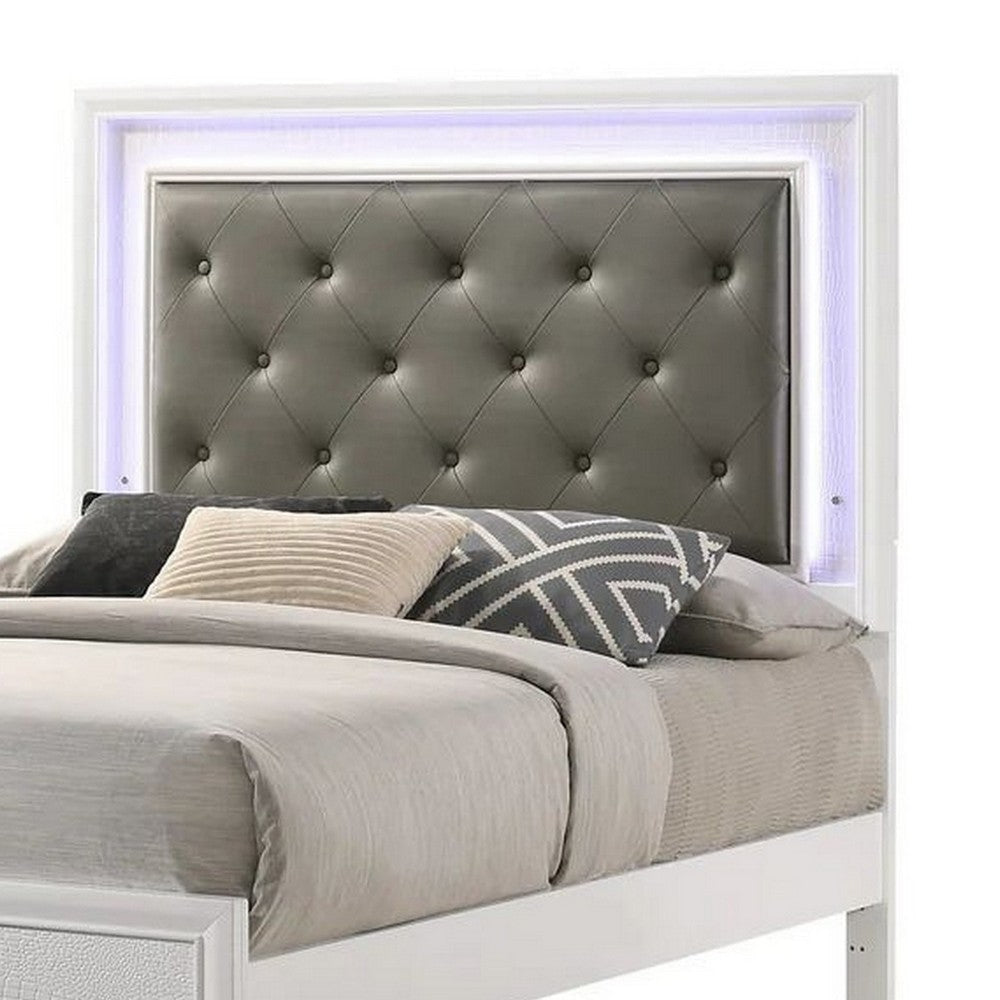 Lise Full Size Bed Gray Fabric Upholstery LED Lit Modern White Wood By Casagear Home BM307299