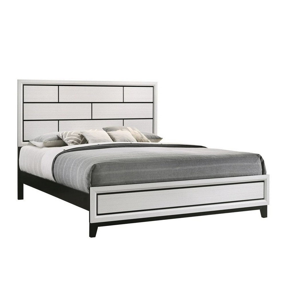 Asir King Size Bed, Geometric Panel Headboard, Modern White Wood Finish By Casagear Home