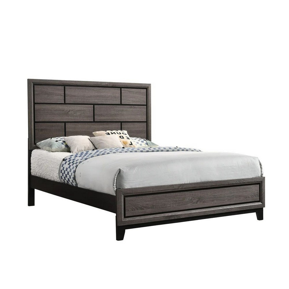 Asir Queen Size Bed, Geometric Panel Headboard, Modern Gray Wood Finish By Casagear Home