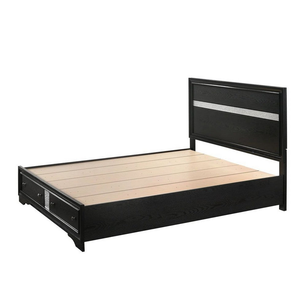 Regi King Size Bed 2 Storage Drawers Silver Striped Headboard Black Wood By Casagear Home BM307309