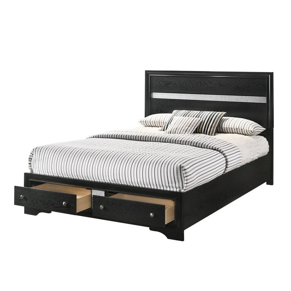 Regi King Size Bed 2 Storage Drawers Silver Striped Headboard Black Wood By Casagear Home BM307309