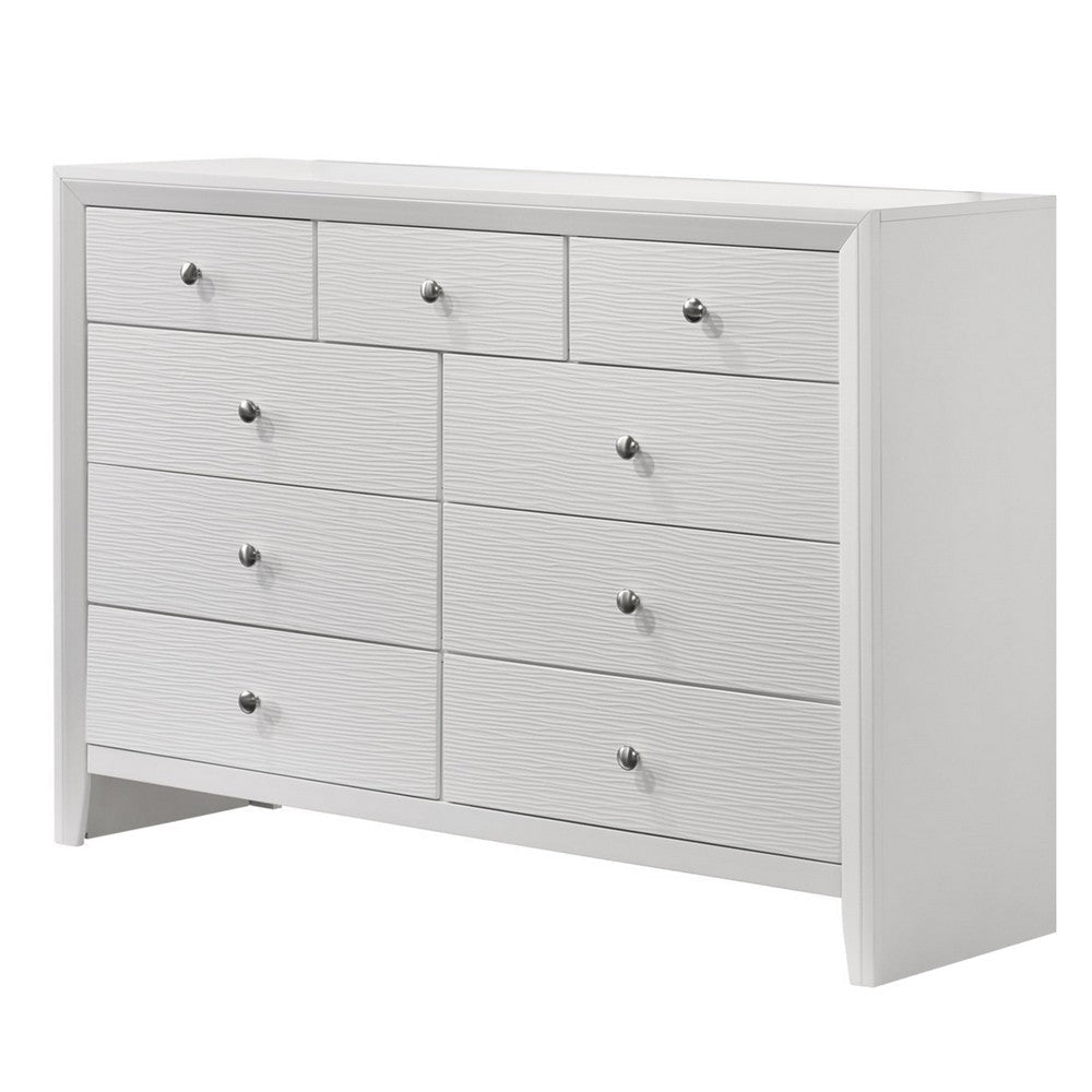 Eve 55 Inch Wide Dresser with Mirror, 9 Drawers, Metal Handles, White Wood By Casagear Home