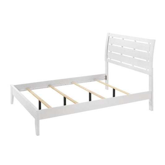 Eve Full Size Bed, Slatted Headboard, Chamfered Legs, White Wood, Modern By Casagear Home