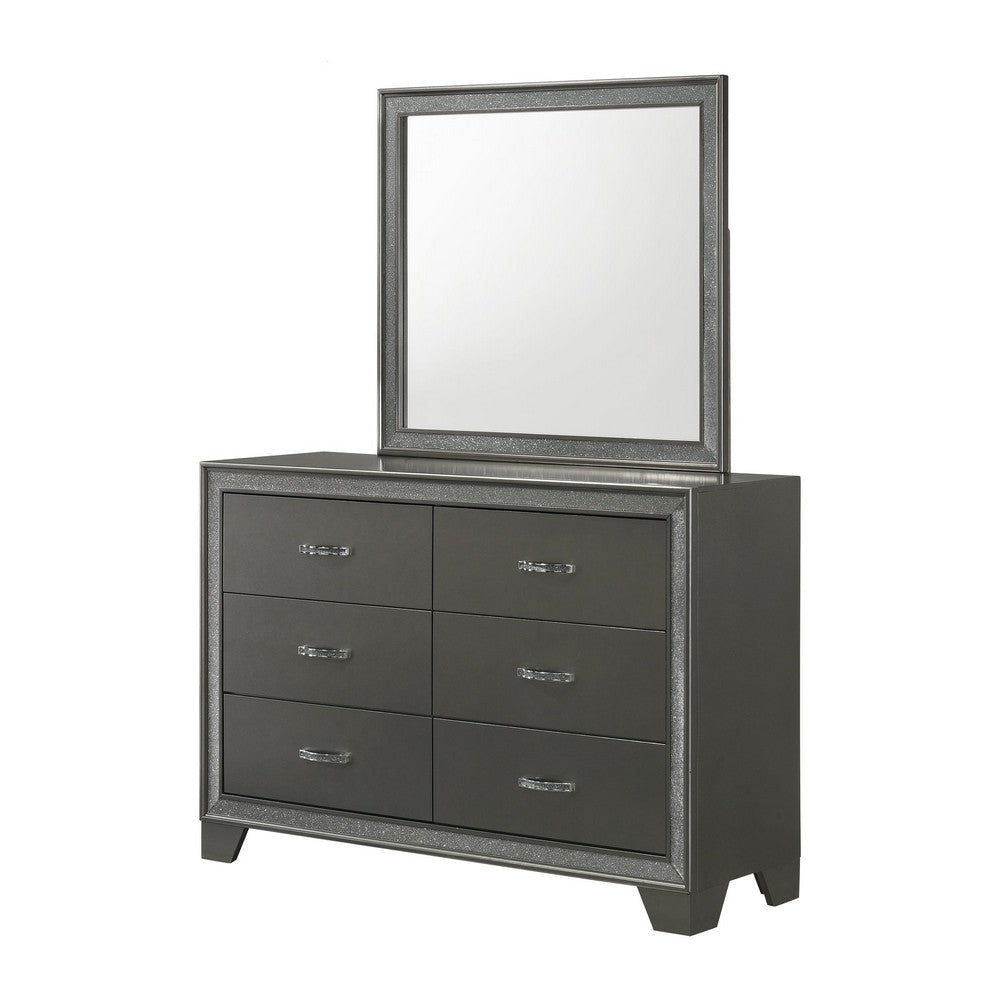 Kay 58 Inch Wide Dresser with Mirror 6 Drawers Shimmering Trim Gray Wood By Casagear Home BM307318