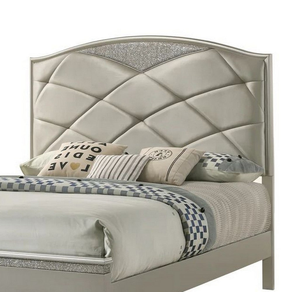 Vala King Bed Faux Leather Headboard Grid Tufted Acrylic Accents Taupe By Casagear Home BM307321