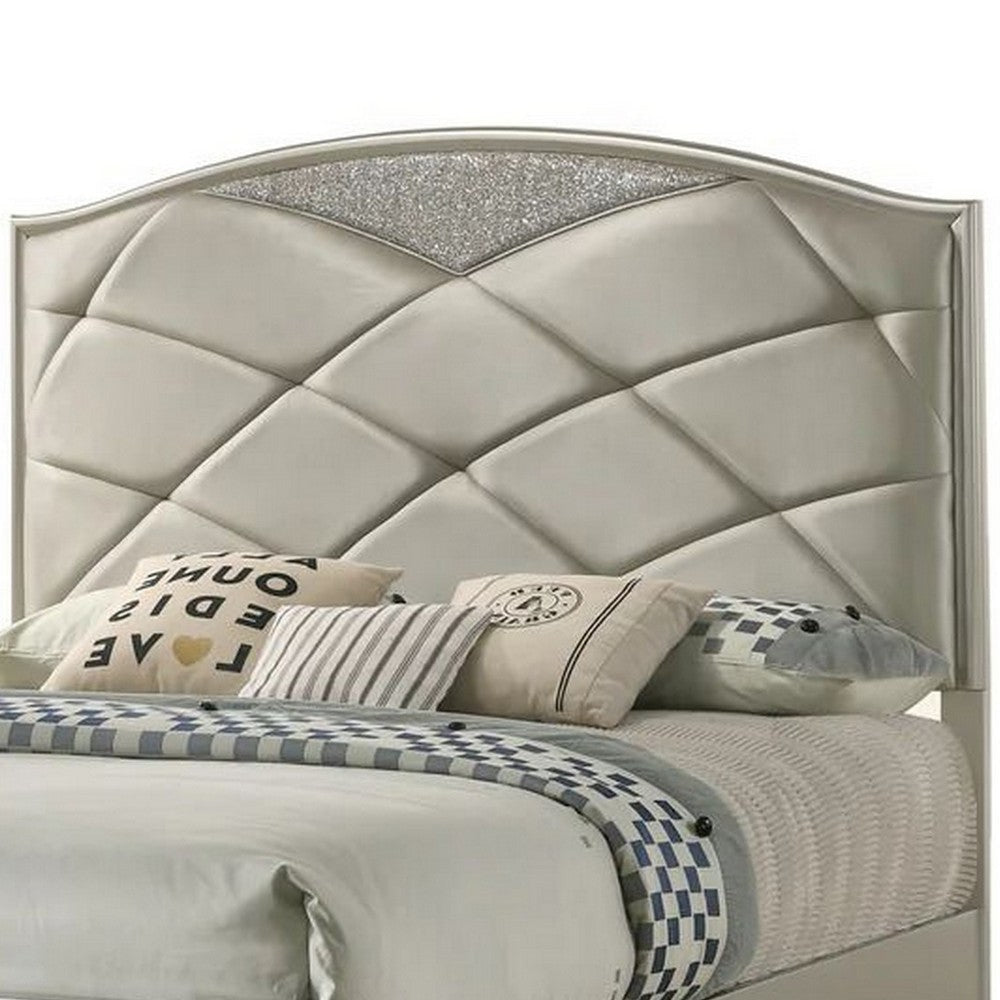 Vala Queen Bed Faux Leather Headboard Grid Tufted Acrylic Accents Taupe By Casagear Home BM307322