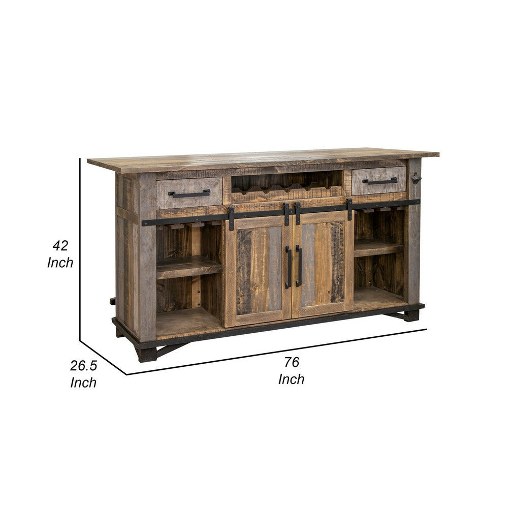 Linn 76 inch Bar Cabinet 2 Drawers Barn Doors Brown Gray Pine Wood By Casagear Home BM307369