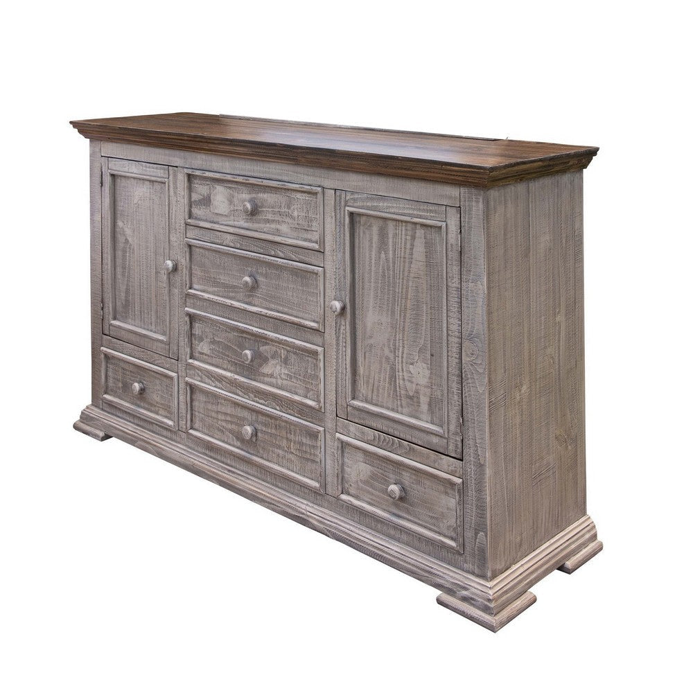 Zen 69 Inch Dresser 6 Drawers 2 Doors Dual Tone Gray Brown Pine Wood By Casagear Home BM307379