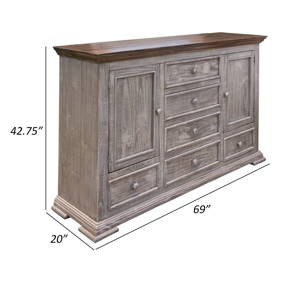 Zen 69 Inch Dresser 6 Drawers 2 Doors Dual Tone Gray Brown Pine Wood By Casagear Home BM307379