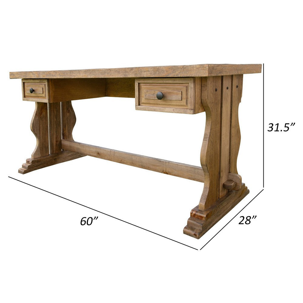 60 Inch Desk 2 Drawers Trestle Base Iron Handles Solid Brown Pine Wood By Casagear Home BM307381