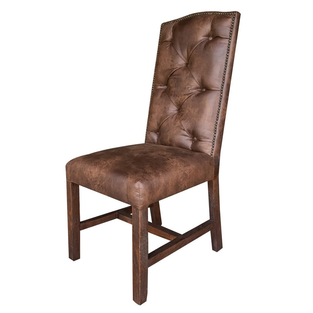 Maye 21 Inch Dining Chair, Brown Faux Leather, Button Tufted, Solid Wood By Casagear Home