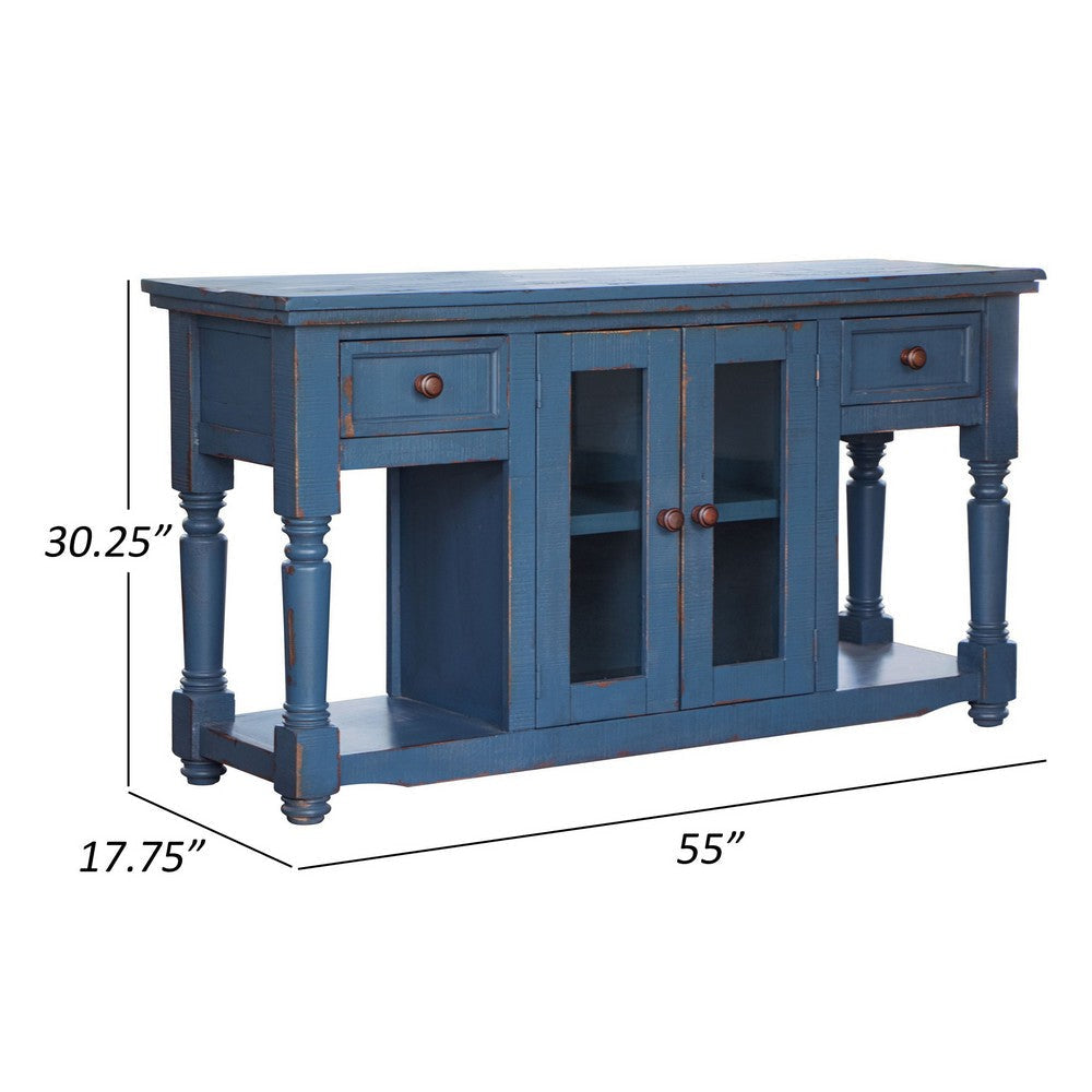 Genie 55 Inch Sofa Table 2 Drawers 2 Doors Open Shelves Blue Pine Wood By Casagear Home BM307386