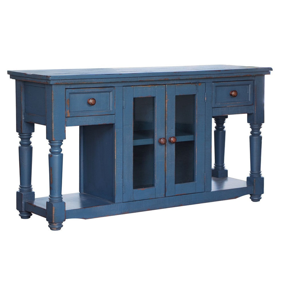 Genie 55 Inch Sofa Table, 2 Drawers, 2 Doors, Open Shelves, Blue Pine Wood By Casagear Home