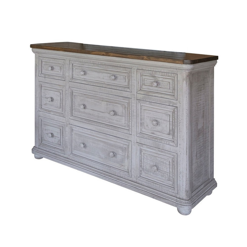 Fin 61 Inch Dresser 9 Drawers 2 Tone Brown Top and Gray Pine Wood By Casagear Home BM307397