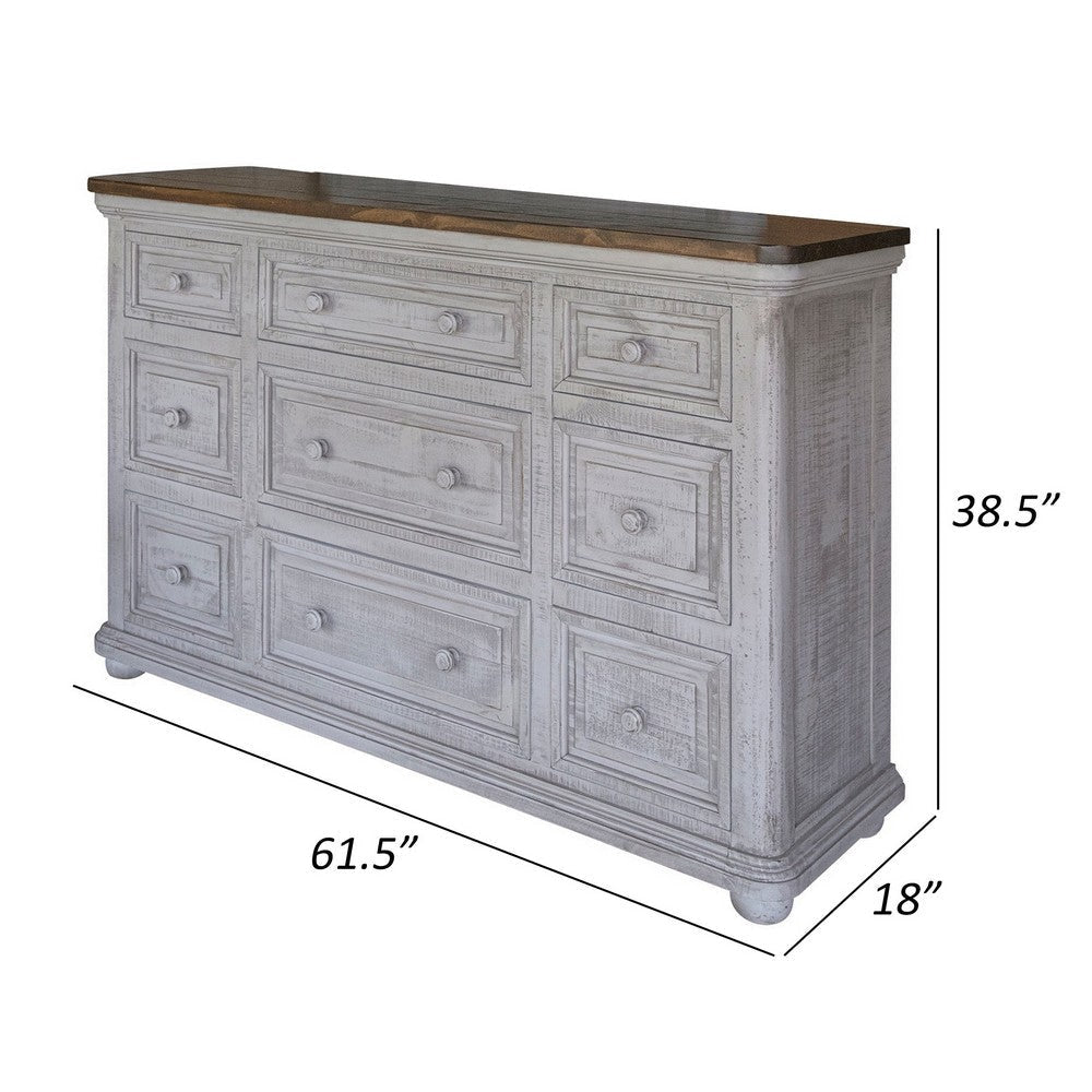 Fin 61 Inch Dresser 9 Drawers 2 Tone Brown Top and Gray Pine Wood By Casagear Home BM307397