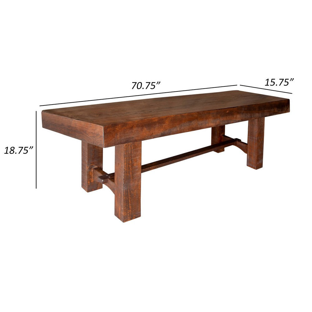 Maye 71 Inch Dining Bench Stable Block Legs Dark Brown Solid Pine Wood By Casagear Home BM307399