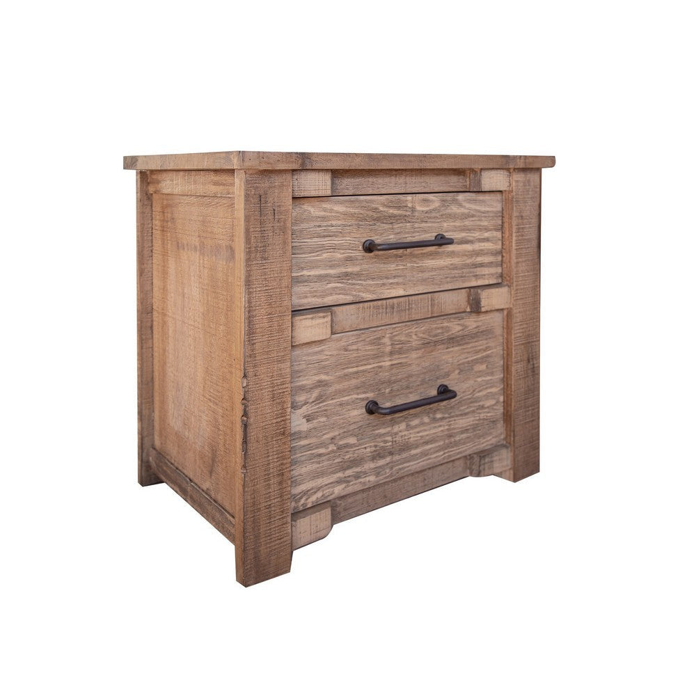 Gin 27 Inch Nightstand 2 Drawers Iron Handles Solid Brown Mango Wood By Casagear Home BM307403