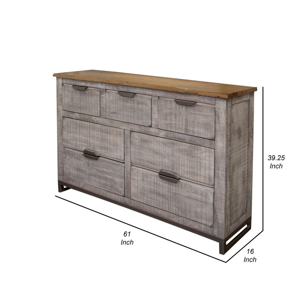 Dome 61 Inch Dresser 7 Drawers Metal Base Brown Gray Solid Mango Wood By Casagear Home BM307406