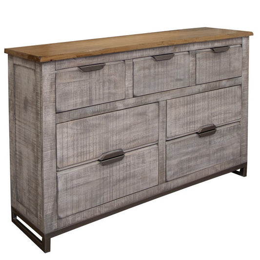 Dome 61 Inch Dresser, 7 Drawers, Metal Base, Brown, Gray Solid Mango Wood By Casagear Home