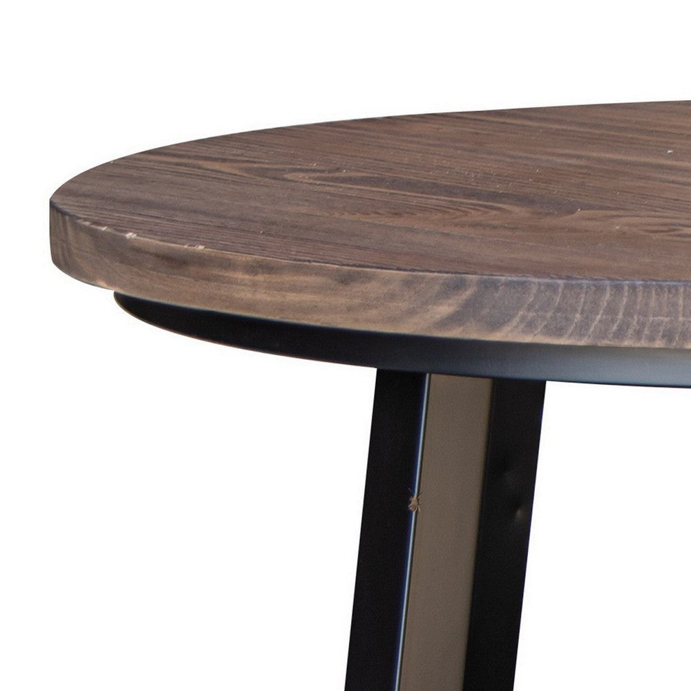 Rome 30 Inch Cocktail Coffee Table Round Black Iron Base Brown Pine Wood By Casagear Home BM307415